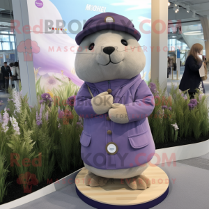 Lavender Seal mascot costume character dressed with a Parka and Lapel pins