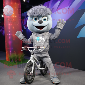Gray Unicyclist mascot costume character dressed with a Hoodie and Necklaces