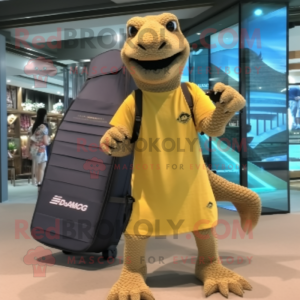 Gold Komodo Dragon mascot costume character dressed with a Board Shorts and Handbags