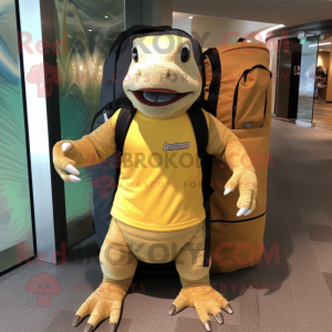 Gold Komodo Dragon mascot costume character dressed with a Board Shorts and Handbags