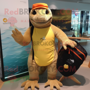 Gold Komodo Dragon mascot costume character dressed with a Board Shorts and Handbags