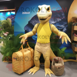 Gold Komodo Dragon mascot costume character dressed with a Board Shorts and Handbags