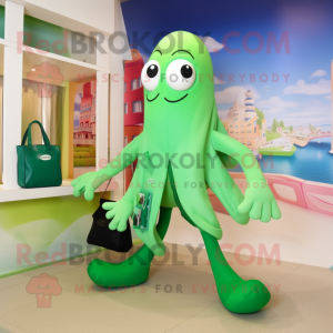 Green Squid mascot costume character dressed with a Capri Pants and Handbags