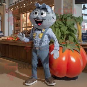 Silver Tomato mascot costume character dressed with a Denim Shorts and Ties