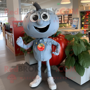 Silver Tomato mascot costume character dressed with a Denim Shorts and Ties