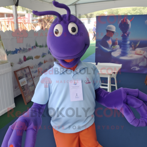 Lavender Lobster mascot costume character dressed with a Polo Shirt and Earrings