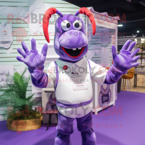 Lavender Lobster mascot costume character dressed with a Polo Shirt and Earrings