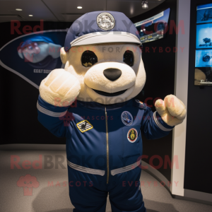 Navy Astronaut mascot costume character dressed with a Rash Guard and Berets