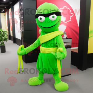 Lime Green Ninja mascot costume character dressed with a Wrap Skirt and Tie pins