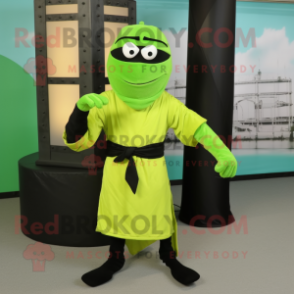 Lime Green Ninja mascot costume character dressed with a Wrap Skirt and Tie pins