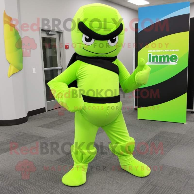 Lime Green Ninja mascot costume character dressed with a Wrap Skirt and Tie pins