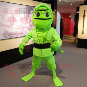 Lime Green Ninja mascot costume character dressed with a Wrap Skirt and Tie pins