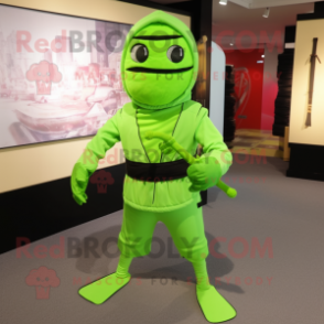 Lime Green Ninja mascot costume character dressed with a Wrap Skirt and Tie pins