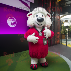 Magenta Sheep mascot costume character dressed with a Suit Pants and Keychains
