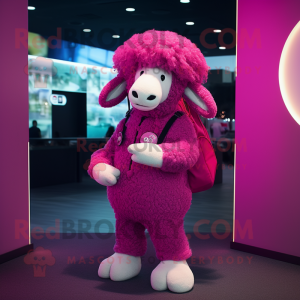 Magenta Sheep mascot costume character dressed with a Suit Pants and Keychains