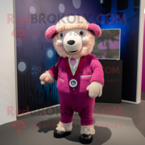 Magenta Sheep mascot costume character dressed with a Suit Pants and Keychains