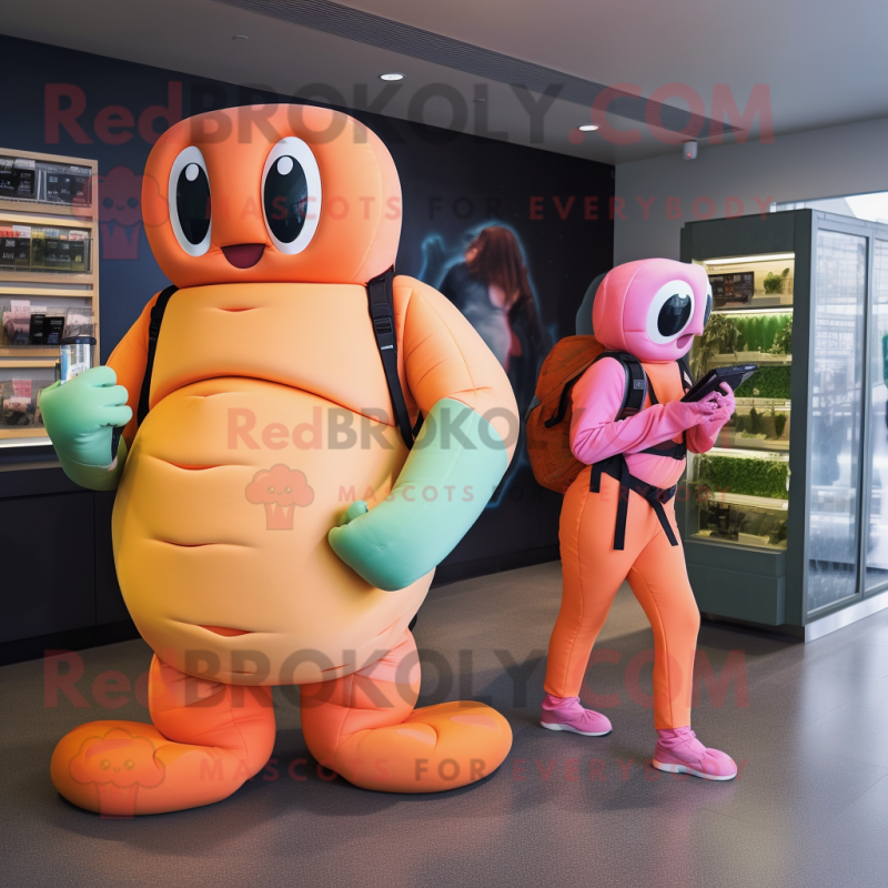 Peach Anaconda mascot costume character dressed with a Turtleneck and Backpacks