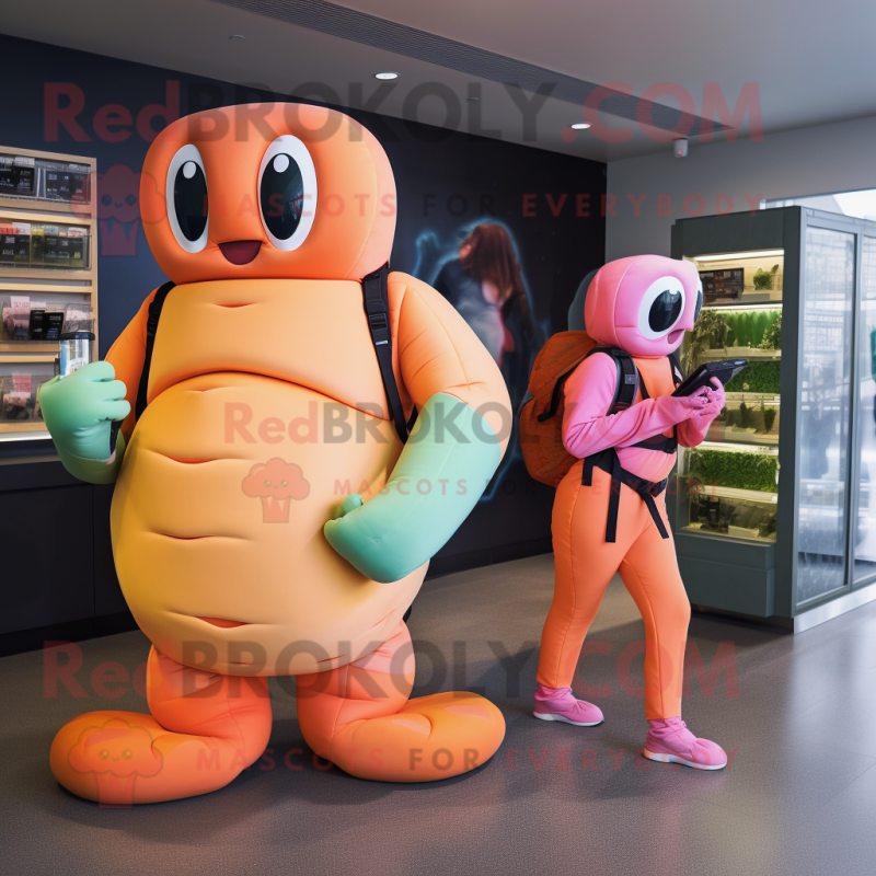 Peach Anaconda mascot costume character dressed with a Turtleneck and Backpacks Peach Anaconda mascot costume character dressed with a Turtleneck and Backpacks
