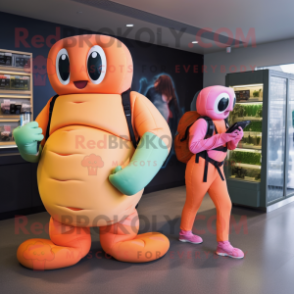 Peach Anaconda mascot costume character dressed with a Turtleneck and Backpacks