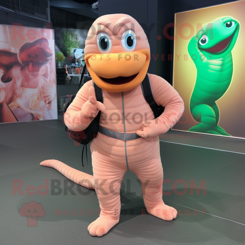 Peach Anaconda mascot costume character dressed with a Turtleneck and Backpacks