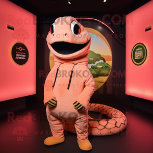 Peach Anaconda mascot costume character dressed with a Turtleneck and Backpacks