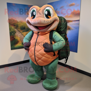 Peach Anaconda mascot costume character dressed with a Turtleneck and Backpacks