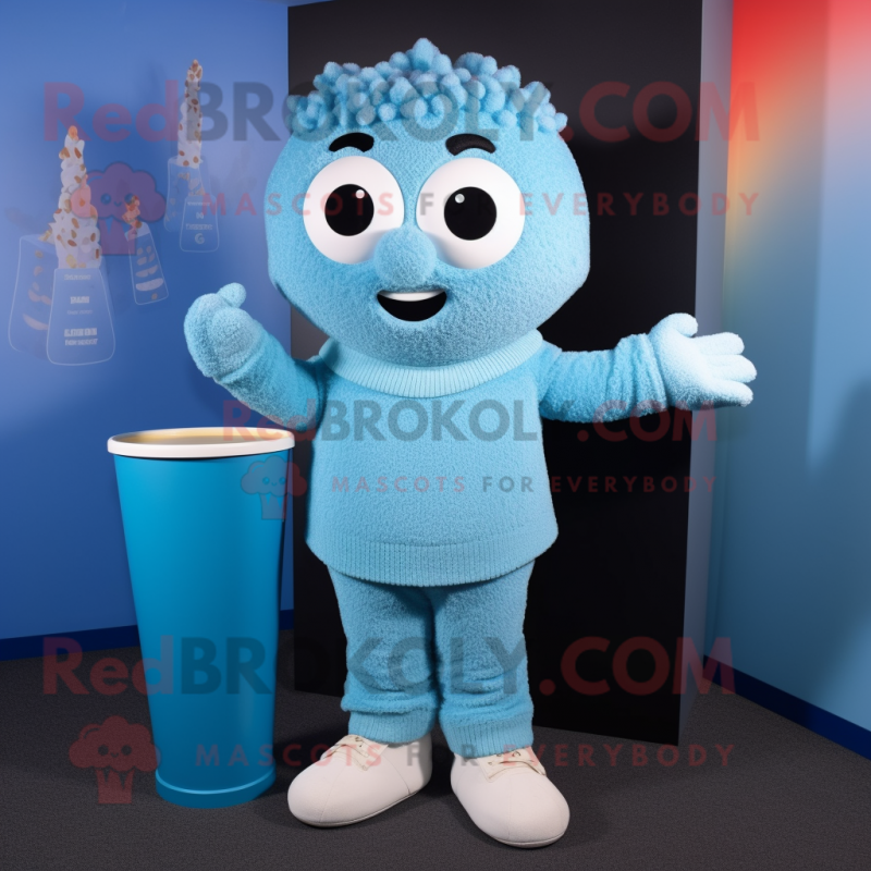 Sky Blue Pop Corn mascot costume character dressed with a Sweater and Bracelets Sky Blue Pop Corn mascot costume character dressed with a Sweater and Bracelets