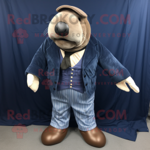 Navy Walrus mascot costume character dressed with a Mom Jeans and Pocket squares