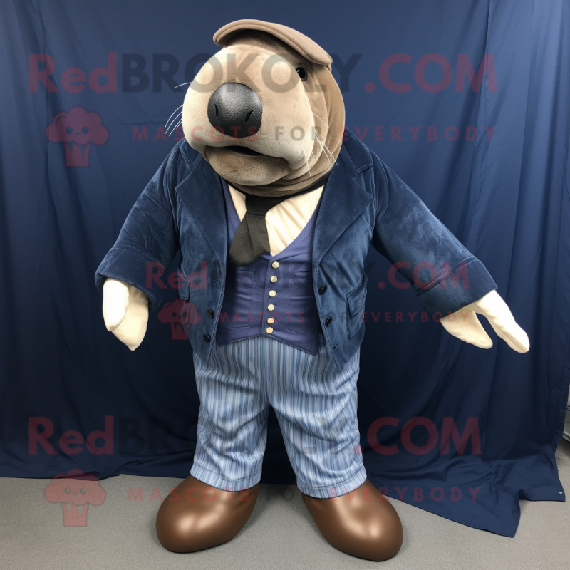 Navy Walrus mascot costume character dressed with a Mom Jeans and Pocket squares Navy Walrus mascot costume character dressed with a Mom Jeans and Pocket squares