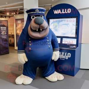 Navy Walrus mascot costume character dressed with a Mom Jeans and Pocket squares