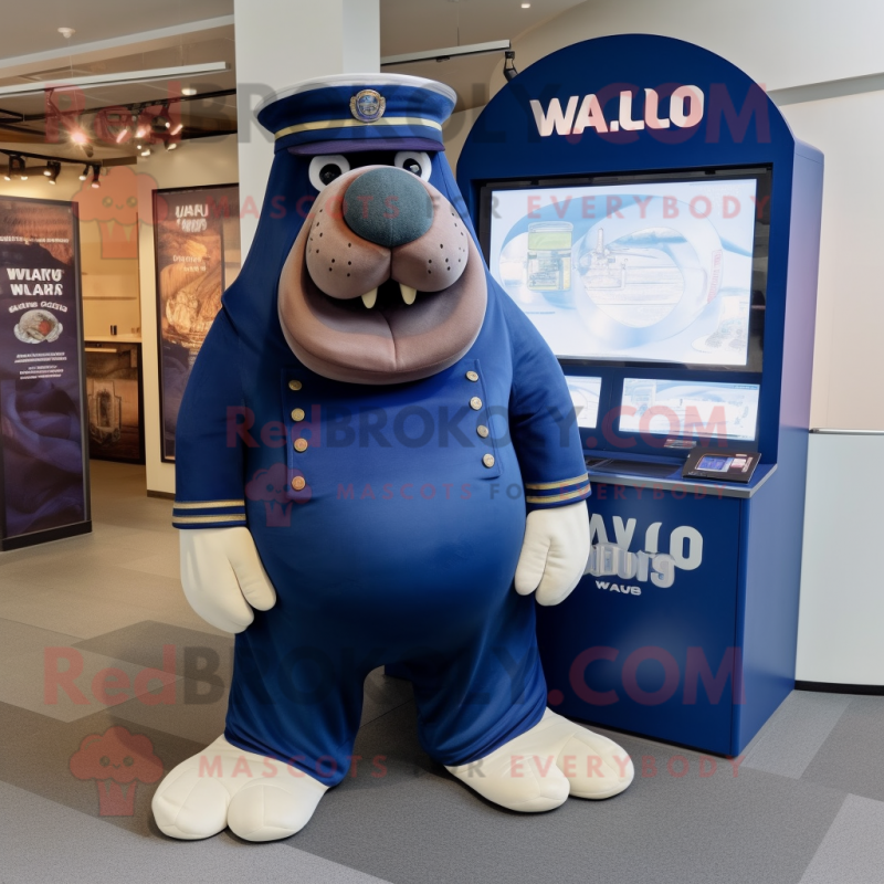 Navy Walrus mascot costume character dressed with a Mom Jeans and Pocket squares Navy Walrus mascot costume character dressed with a Mom Jeans and Pocket squares