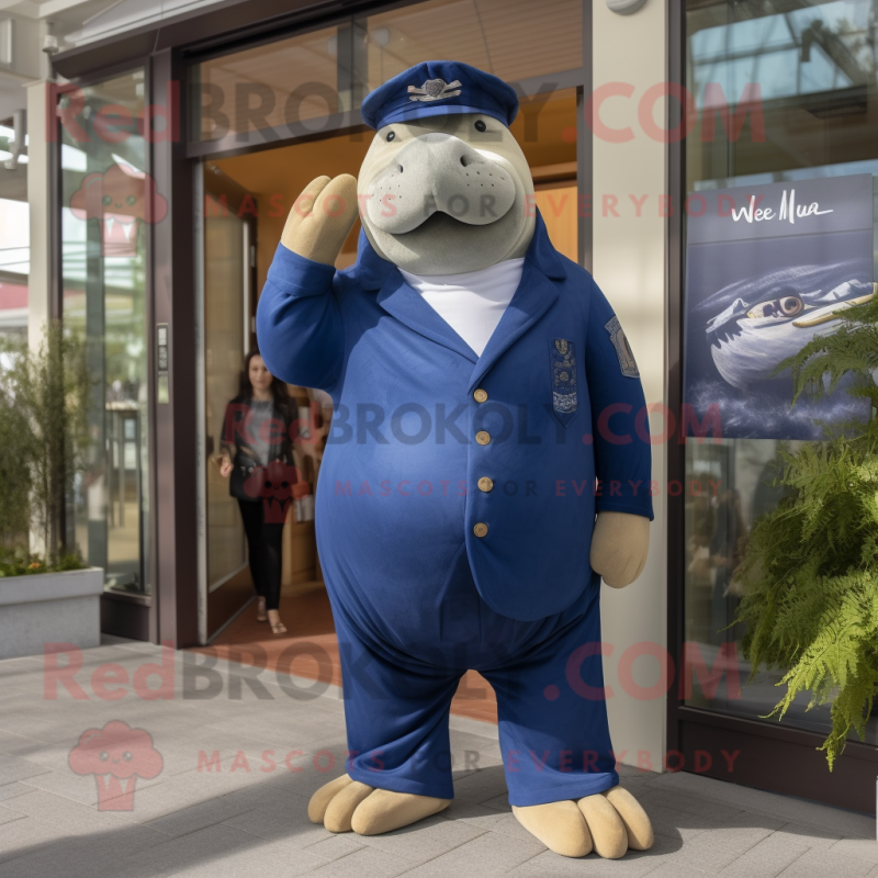 Navy Walrus mascot costume character dressed with a Mom Jeans and Pocket squares Navy Walrus mascot costume character dressed with a Mom Jeans and Pocket squares