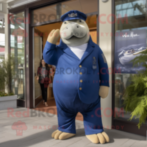 Navy Walrus mascot costume character dressed with a Mom Jeans and Pocket squares