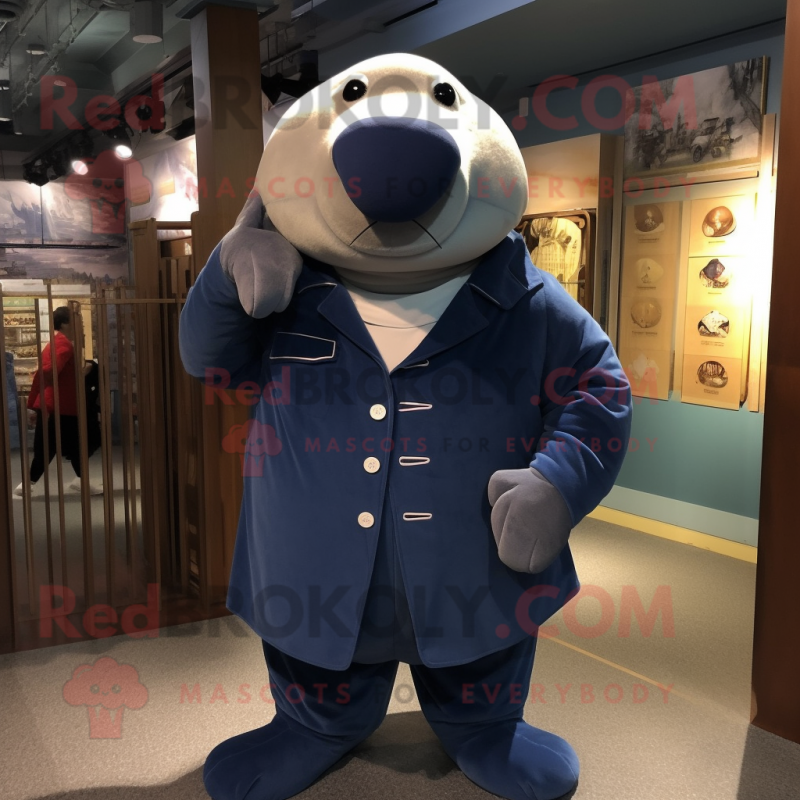 Navy Walrus mascot costume character dressed with a Mom Jeans and Pocket squares Navy Walrus mascot costume character dressed with a Mom Jeans and Pocket squares