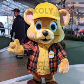 Yellow Dormouse mascot costume character dressed with a Flannel Shirt and Hats