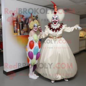 Cream Evil Clown mascot costume character dressed with a Cocktail Dress and Anklets