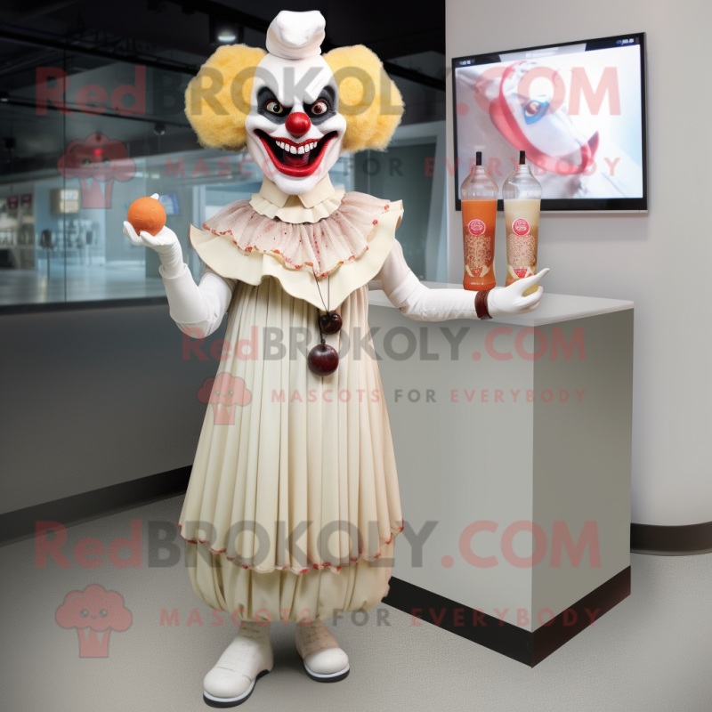 Cream Evil Clown mascot costume character dressed with a Cocktail Dress and Anklets Cream Evil Clown mascot costume character dressed with a Cocktail Dress and Anklets