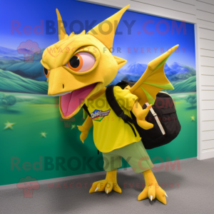 Lemon Yellow Pterodactyl mascot costume character dressed with a Bermuda Shorts and Backpacks