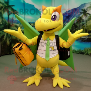 Lemon Yellow Pterodactyl mascot costume character dressed with a Bermuda Shorts and Backpacks