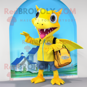 Lemon Yellow Pterodactyl mascot costume character dressed with a Bermuda Shorts and Backpacks