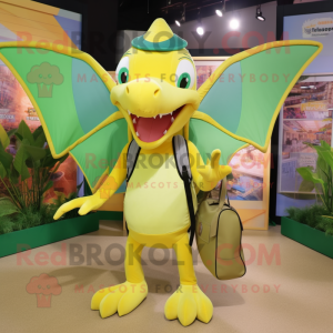 Lemon Yellow Pterodactyl mascot costume character dressed with a Bermuda Shorts and Backpacks