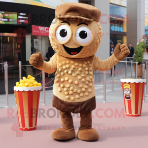 Brown Pop Corn mascot costume character dressed with a Tank Top and Caps