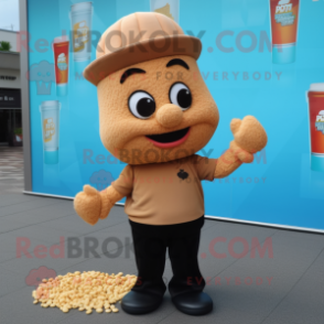 Brown Pop Corn mascot costume character dressed with a Tank Top and Caps