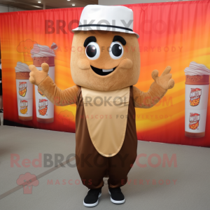 Brown Pop Corn mascot costume character dressed with a Tank Top and Caps