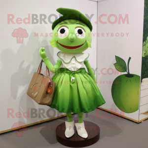 Olive Apple mascot costume character dressed with a Pleated Skirt and Coin purses