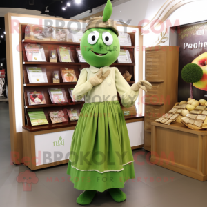 Olive Apple mascot costume character dressed with a Pleated Skirt and Coin purses