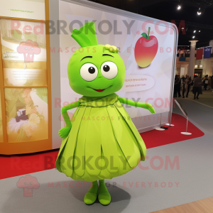 Olive Apple mascot costume character dressed with a Pleated Skirt and Coin purses