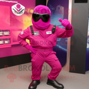 Magenta Para Commando mascot costume character dressed with a Jumpsuit and Sunglasses