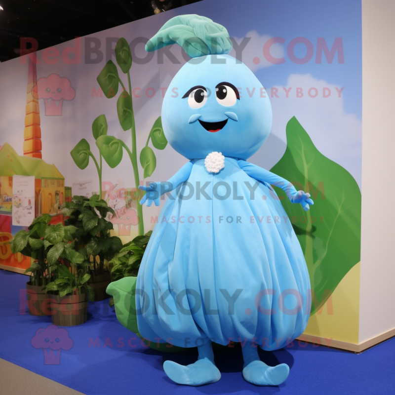 Sky Blue Beanstalk mascot costume character dressed with a Ball Gown and Shoe laces Sky Blue Beanstalk mascot costume character dressed with a Ball Gown and Shoe laces