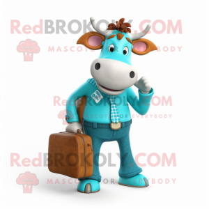 Turquoise Guernsey Cow mascot costume character dressed with a Flare Jeans and Briefcases